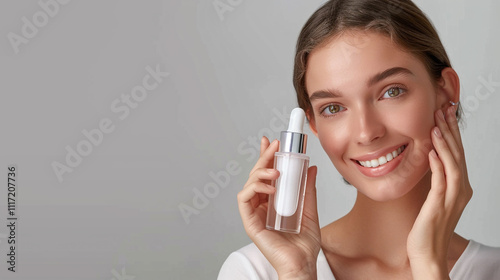 Portrait of happy positive lady hand touch face apply rejuvenating lotion serum promoting beauty product isolated on gray color background