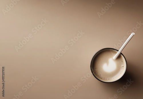 Aerial View of a Smooth and Creamy Coffee in a Black Cup on a Minimalist Beige Surface with a White Stirring Straw, Creating an Inviting Morning Atmosphere