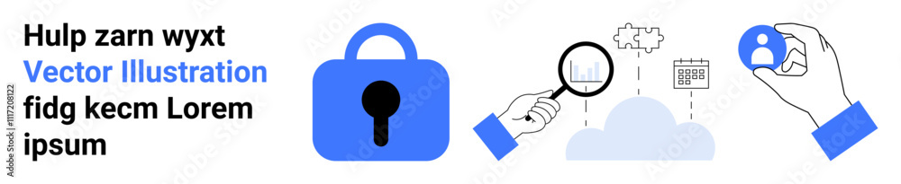 Magnifying glass examining a cloud, blue padlock for security, calendar and user icons. Ideal for cybersecurity, data protection, cloud services, IT solutions, privacy measures, user verification Magnifying glass examining a cloud, blue padlock for security, calendar and user icons. Ideal for cybersecurity, data protection, cloud services, IT solutions, privacy measures, user verification