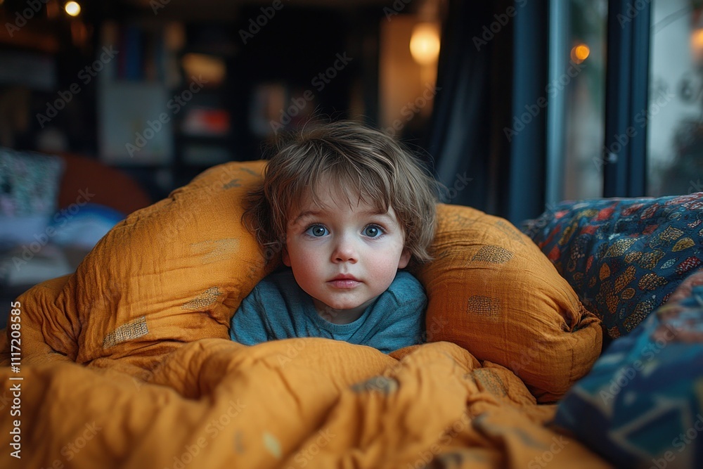 Curious toddler boy peeking from under a cozy orange blanket, looking at the camera. Curious toddler boy peeking from under a cozy orange blanket, looking at the camera.