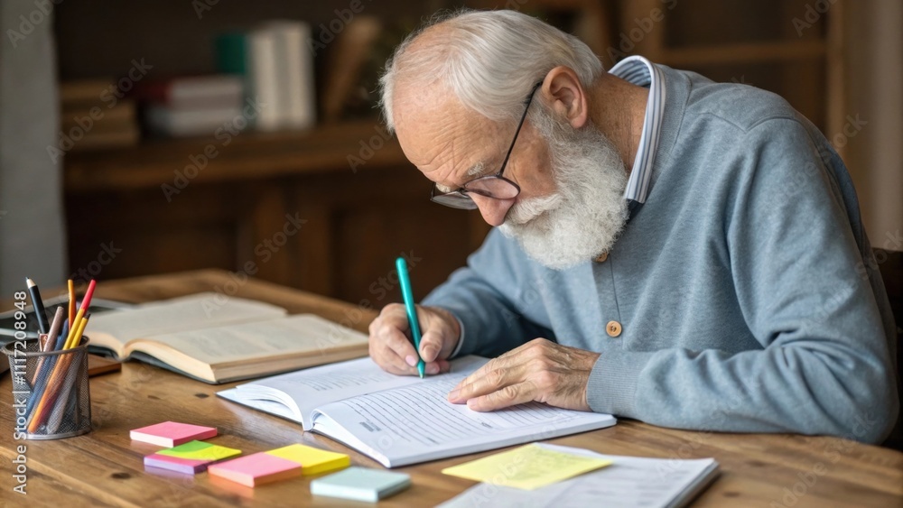 An elderly man with a white beard is focused on solving practice questions in a workbook furrowing his brow in concentration. He has reading glasses perched on his nose and a An elderly man with a white beard is focused on solving practice questions in a workbook furrowing his brow in concentration. He has reading glasses perched on his nose and a