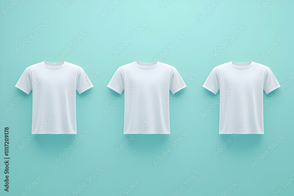 Three blank white t-shirts on a light blue background. Three blank white t-shirts on a light blue background.