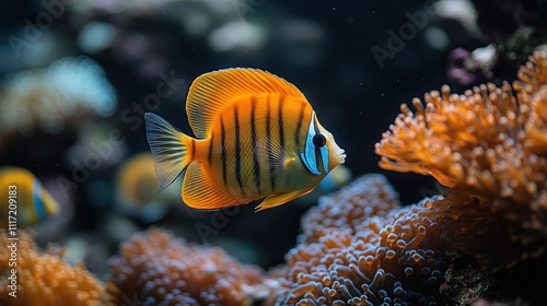 Vibrant orange and black striped fish swimming near coral reef in aquarium.