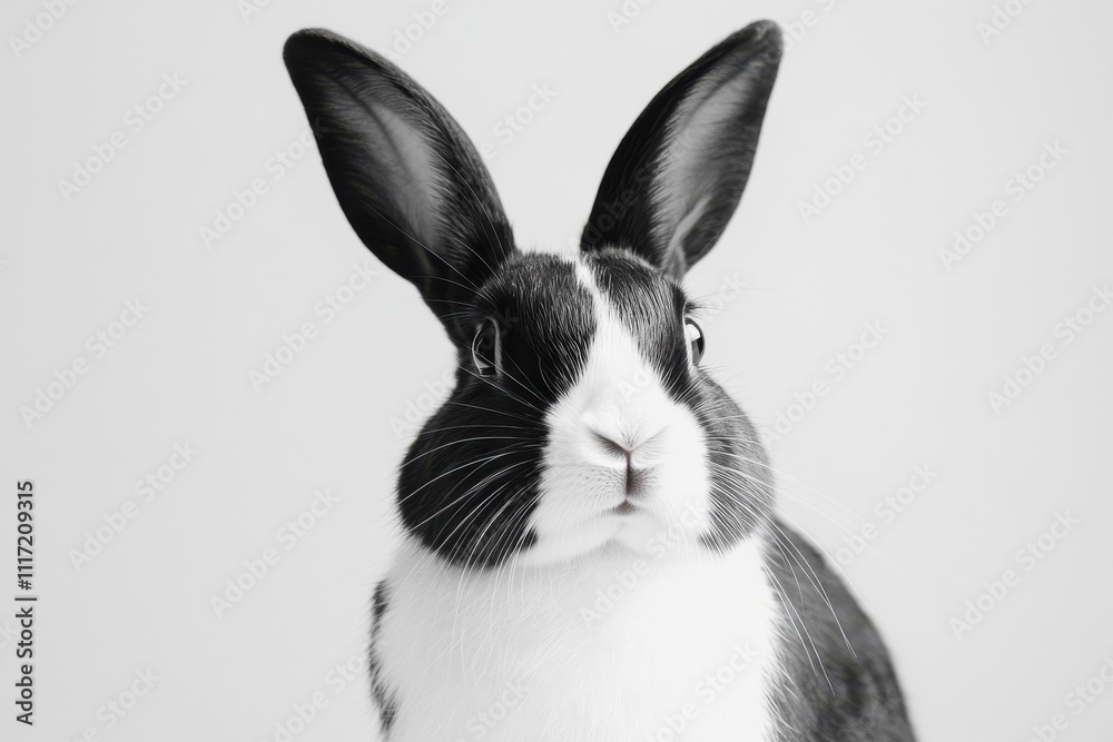 Obraz premium Cute black and white rabbit big ears fluffy fur white chest black nose curious expression
