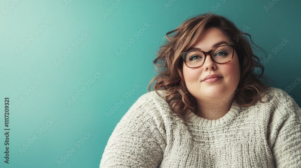 Confident plus-size woman with glasses smiling against teal background. Confident plus-size woman with glasses smiling against teal background.