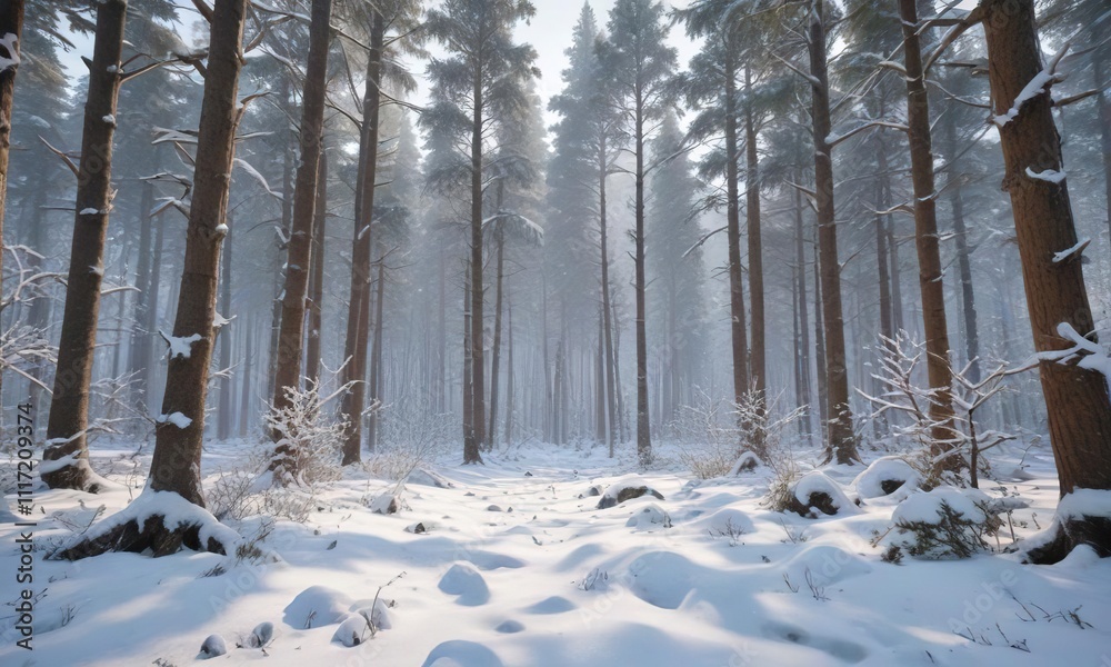 Fototapeta premium Snowy forest landscape with tall trees and snow-covered branches, branches, snowy