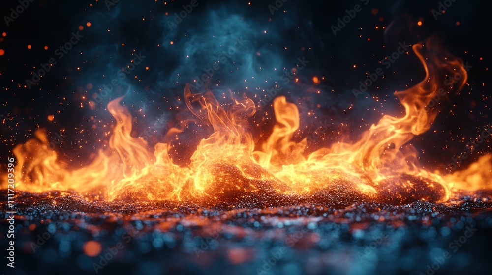 Fiery blaze with orange and blue smoke, embers, and sparks on dark background. Fiery blaze with orange and blue smoke, embers, and sparks on dark background.