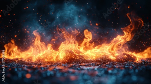 Fiery blaze with orange and blue smoke, embers, and sparks on dark background.