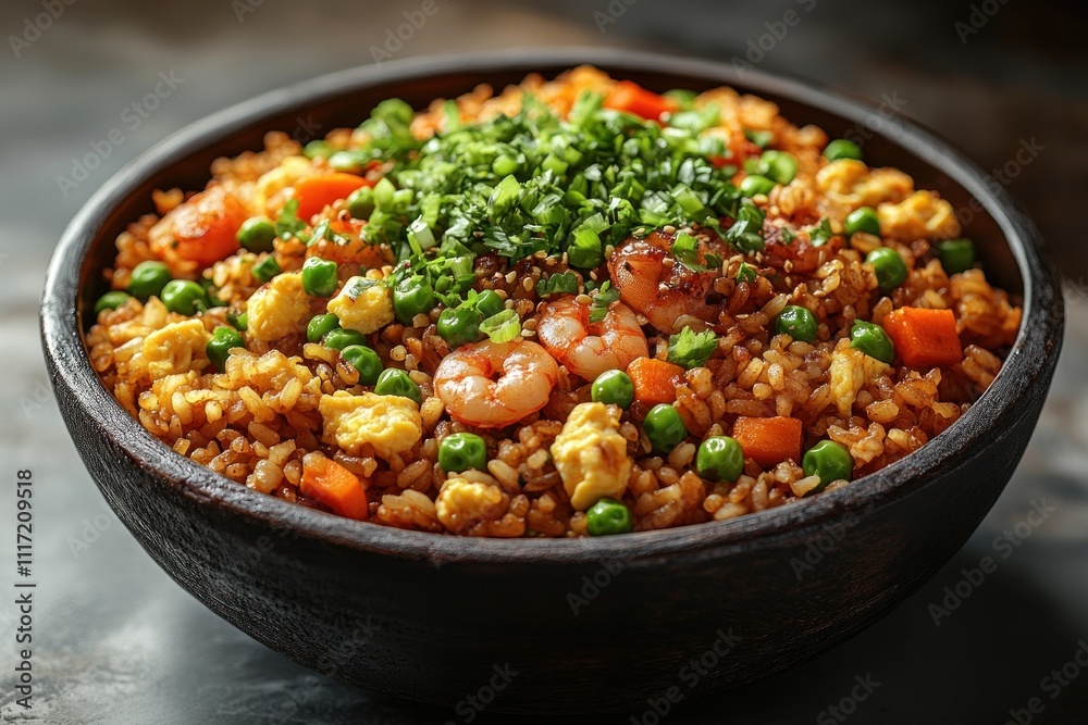 Delicious shrimp fried rice in a rustic bowl, garnished with fresh herbs. Delicious shrimp fried rice in a rustic bowl, garnished with fresh herbs.
