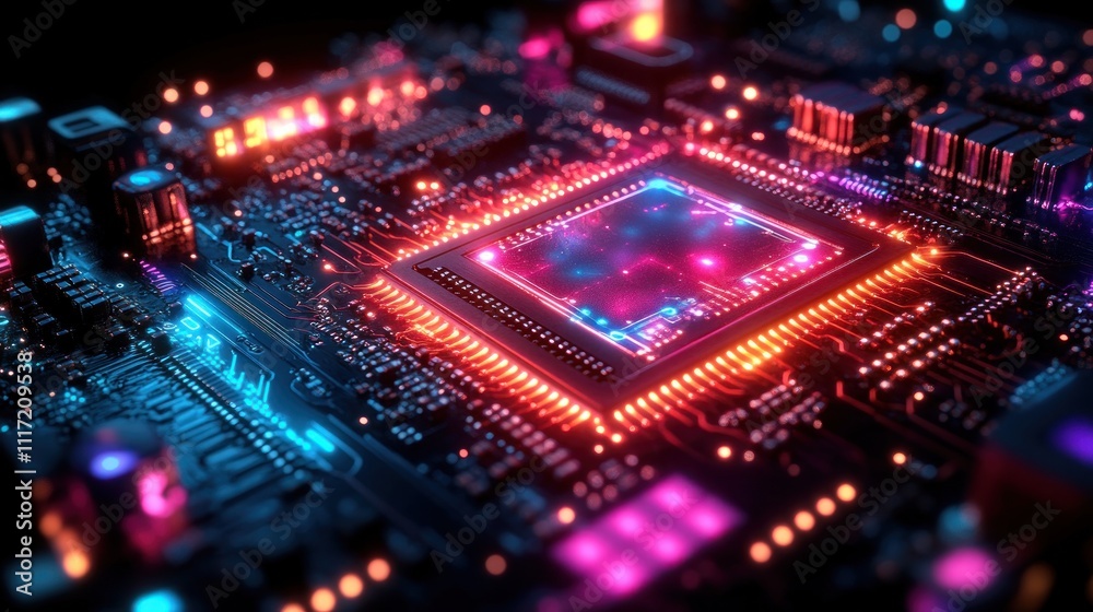 Illuminated central processing unit on circuit board. Illuminated central processing unit on circuit board.