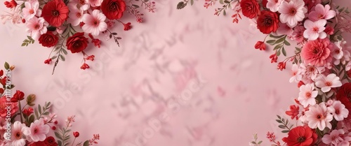 Soft pink and red floral background with heart-shaped decorations, pink, background, romantic
