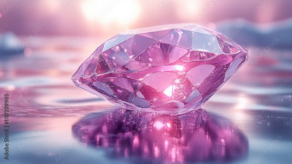 Pink gemstone resting on a reflective surface, emitting an inner light. Pink gemstone resting on a reflective surface, emitting an inner light.