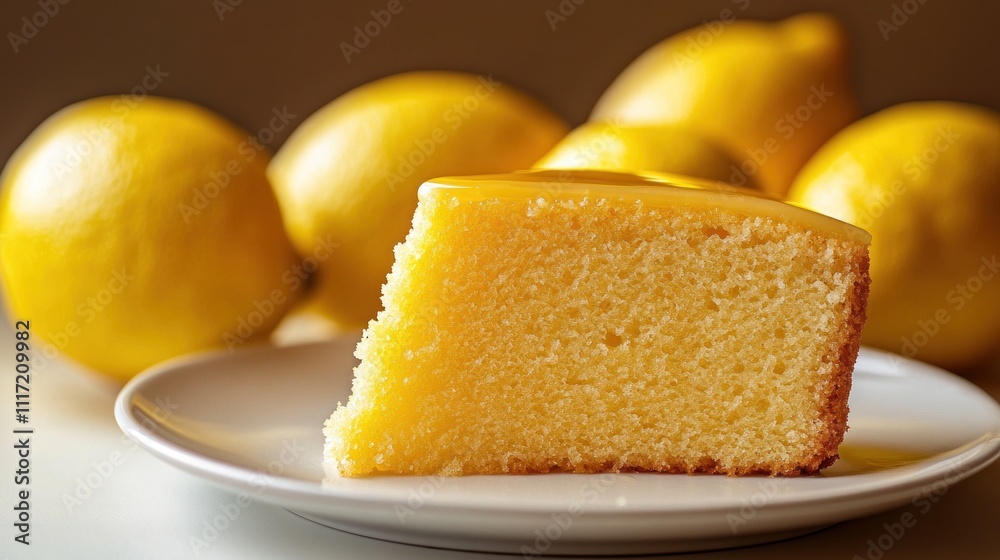 Lemon Cake Slice with Lemons in Background Lemon Cake Slice with Lemons in Background