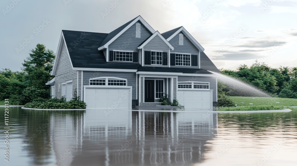 Suburban house partially submerged in floodwaters, sprinkler system active. Suburban house partially submerged in floodwaters, sprinkler system active.