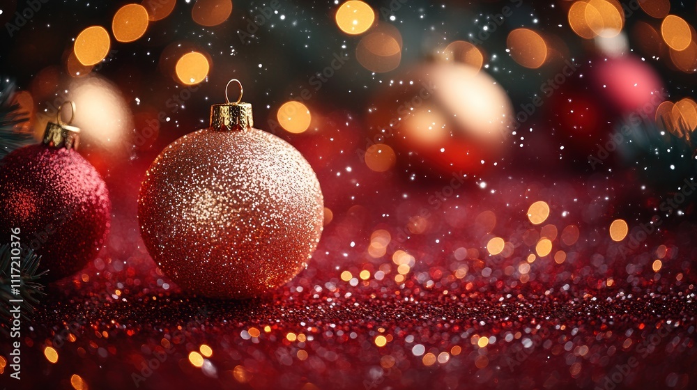 Festive Christmas ornaments on red glitter with bokeh lights and snowfall. Festive Christmas ornaments on red glitter with bokeh lights and snowfall.