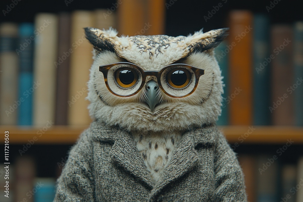 Wise owl wearing glasses and cardigan in library. Wise owl wearing glasses and cardigan in library.