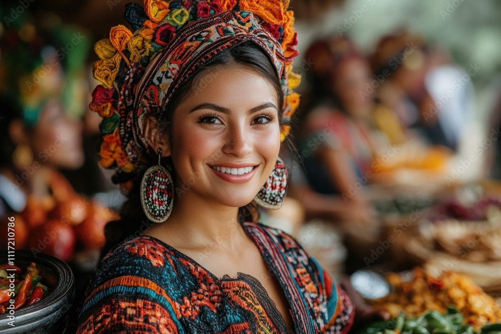 Fototapeta premium Smiling woman in vibrant traditional headdress and clothing at a market.