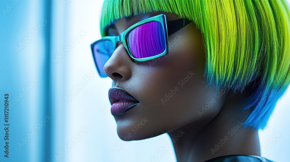 Close-up profile of a woman with vibrant green and blue hair, wearing stylish sunglasses. Close-up profile of a woman with vibrant green and blue hair, wearing stylish sunglasses.