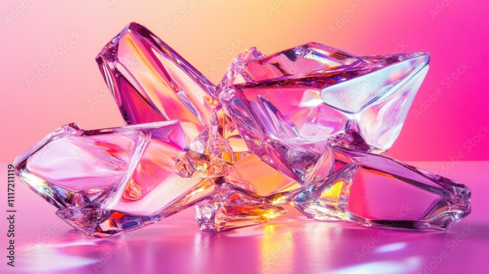 Iridescent glass crystals cluster on pink surface. Iridescent glass crystals cluster on pink surface.