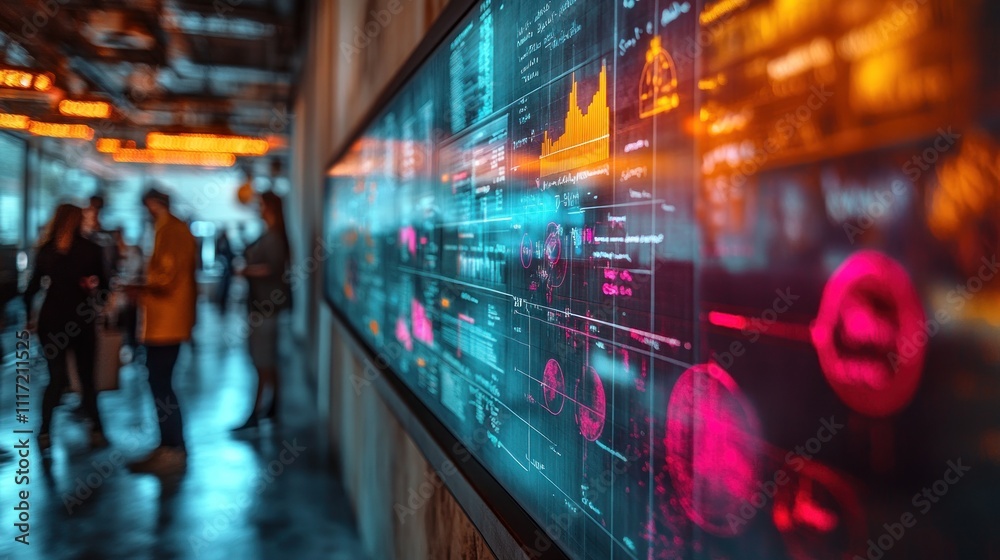 Futuristic digital display showing data analytics in a modern office space with blurred people.