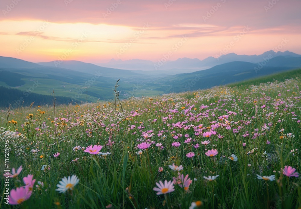 Fototapeta premium Breathtaking Sunset Over a Vibrant Flower Field with Rolling Hills and Mountain Peaks in the Background, Creating a Serene Natural Landscape