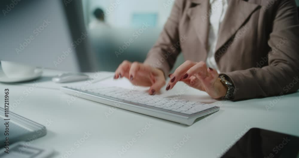 Close up of Caucasian unrecognizable businesswoman typing on keyboard, chatting with client or business partner using PC. Marketing manager or financial specialist works in modern office. E-commerce. Close up of Caucasian unrecognizable businesswoman typing on keyboard, chatting with client or business partner using PC. Marketing manager or financial specialist works in modern office. E-commerce.