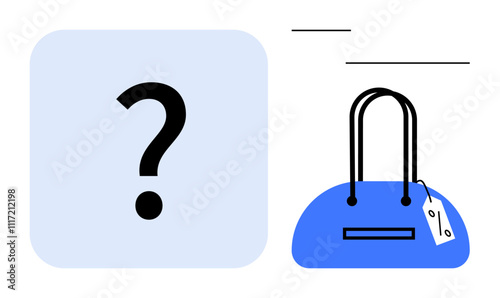 Question mark beside blue handbag with price tag. Ideal for shopping, mystery products, sales, fashion, guessing games, retail marketing, surprise deals. Line metaphor