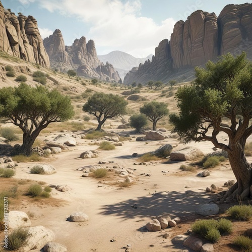 Mottled olive-green terrain with rocky outcrops and sparse trees , trees, landscape photo