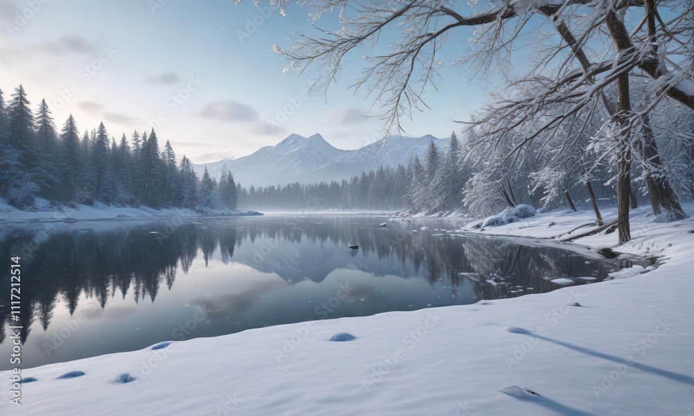 Snowflakes gently falling on a frozen lake with a serene winter landscape in the background, winter wonderland, winter landscape Snowflakes gently falling on a frozen lake with a serene winter landscape in the background, winter wonderland, winter landscape