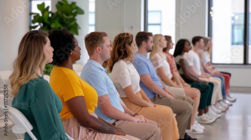 Diverse group of people seated in a modern indoor setting, showcasing unity and collaboration in a creative workspace with natural light and greenery