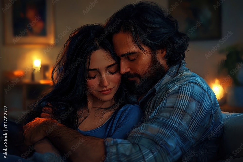 Intimate couple embrace emotional support tender moment soft lighting home interior Intimate couple embrace emotional support tender moment soft lighting home interior