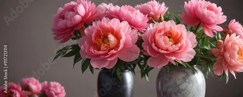 Vibrant peony flowers in shades of pink and coral blooming in a vase , fresh cut flowers, spring flowers