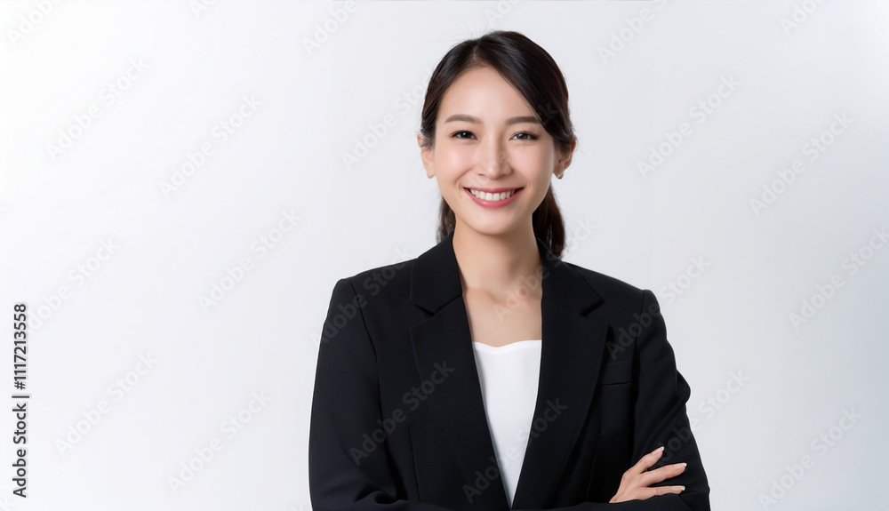 Asian woman in a business suit is smiling. She is wearing a white shirt and a black jacket