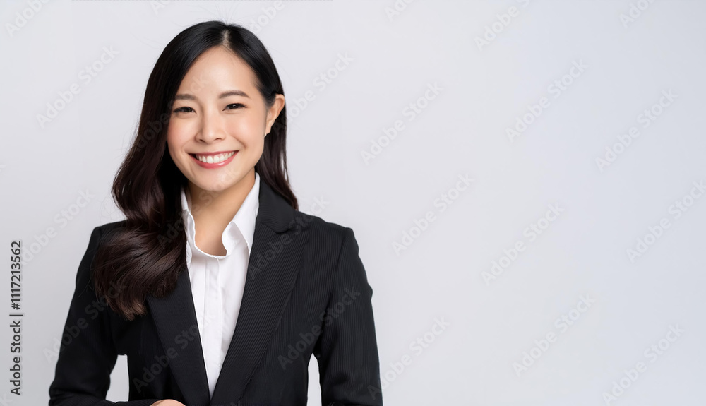 Asian woman in a business suit is smiling. She is wearing a white shirt and a black jacket Asian woman in a business suit is smiling. She is wearing a white shirt and a black jacket
