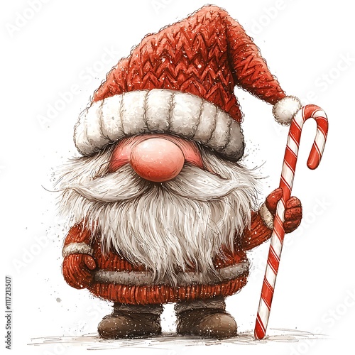 Joyful Christmas Gnome with Knitted Hat and Candy Cane