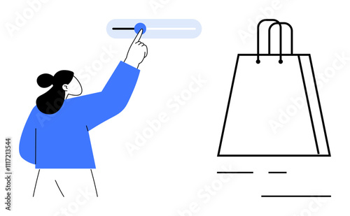 Person adjusting a setting button next to a large shopping bag. Ideal for e-commerce, shopping, personalization, user experience, marketing, technology, and customer service. Line metaphor