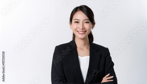 Asian woman in a business suit is smiling. She is wearing a white shirt and a black jacket