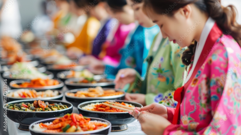 Fototapeta premium Traditional Korean Cuisine Display with Colorful Hanbok Attire: A Vibrant Celebration of Dishes and Ingredients in a Cultural Setting