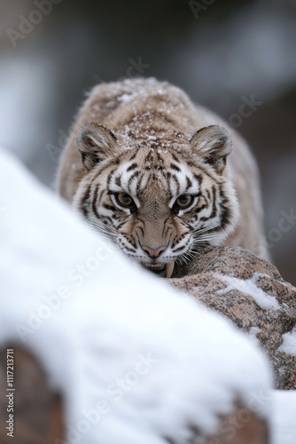 Ancient feline: The saber-toothed tiger, an iconic and extinct predator with distinctive saber-like teeth, representing the mysterious and fearsome creatures that once roamed prehistoric landscapes. photo