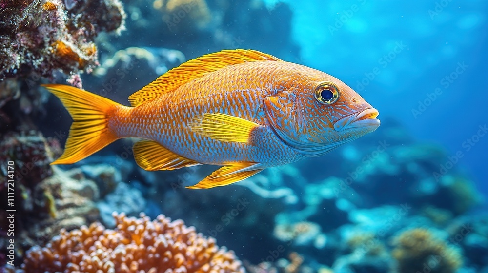 Underwater world with corals and tropical fish A Pair of Big Fish Swimming Over a Coral Reef on a Blue Background Underwater world with corals and tropical fish A Pair of Big Fish Swimming Over a Coral Reef on a Blue Background