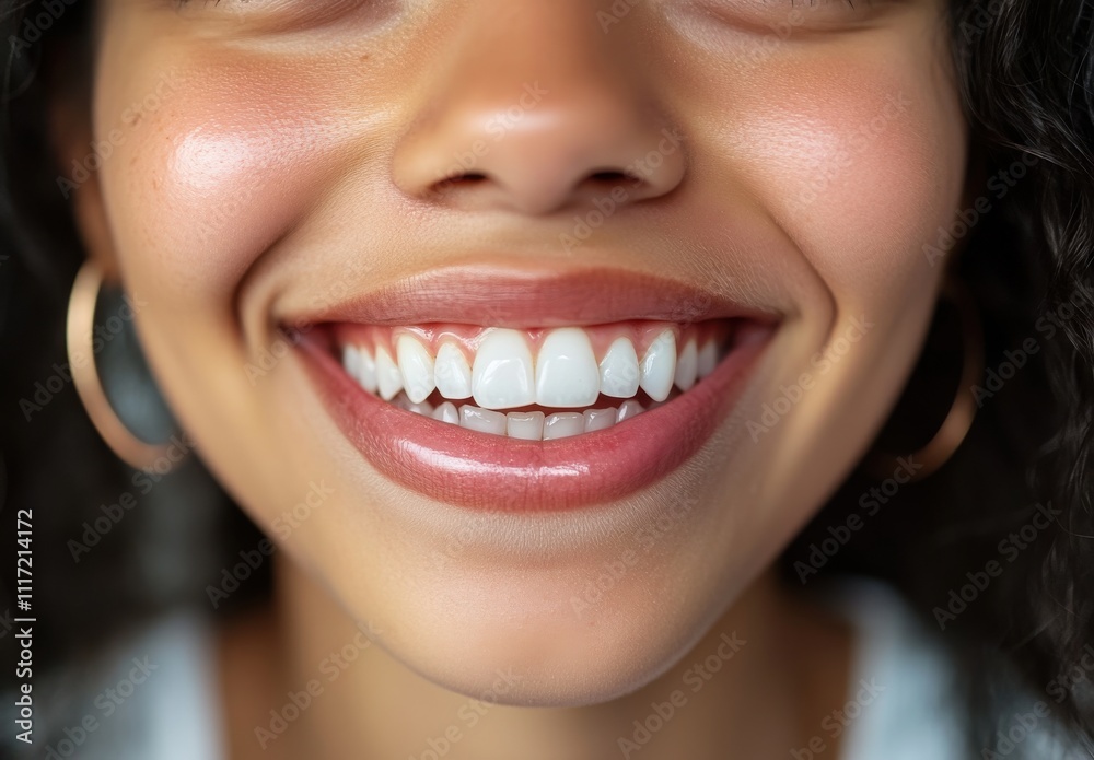 Fototapeta premium Close-up Portrait of a Smiling Young Woman with Curly Hair and Radiant Skin, Showcasing a Bright Smile and Natural Beauty in Indoor Setting