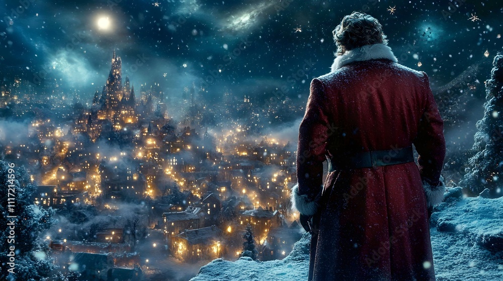 Fototapeta premium Santa Claus gazes over a magical winter town at night.