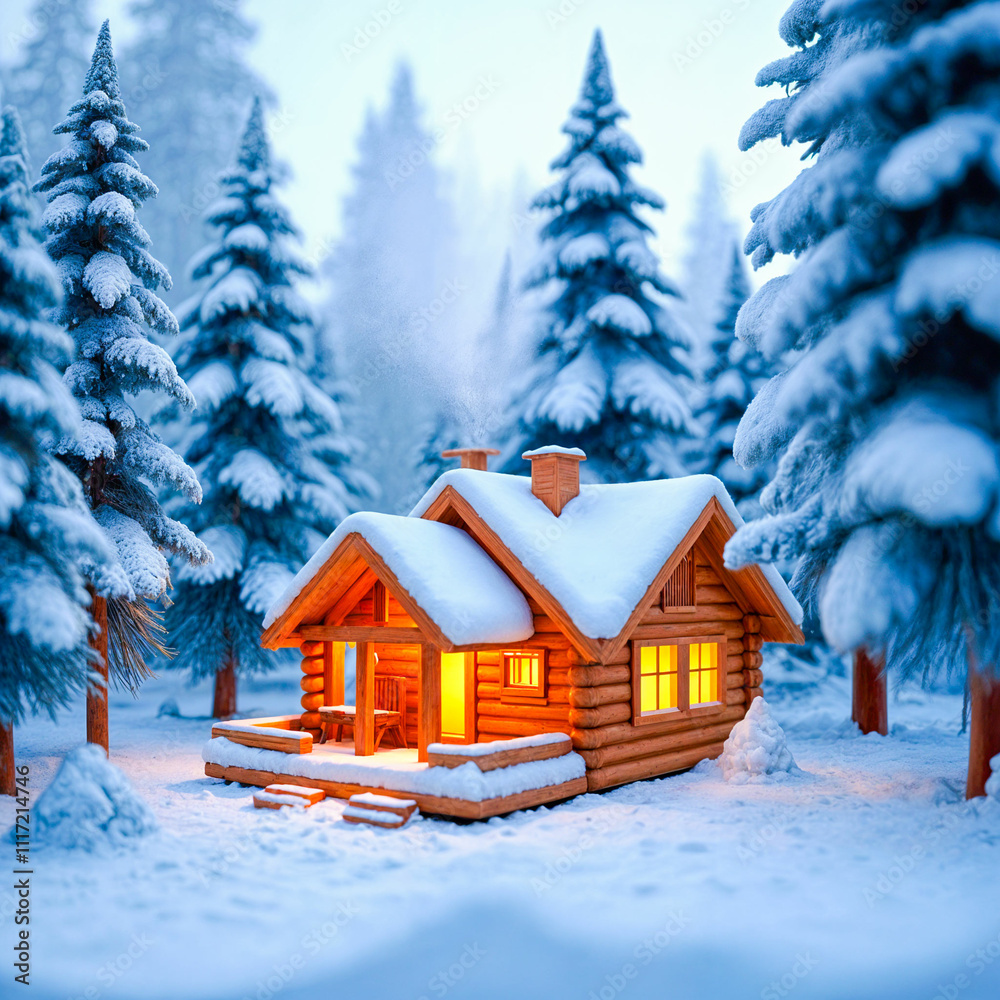 Cozy Winter Cabin in a Snowy Forest with Glowing Lights and Chimney Smoke Cozy Winter Cabin in a Snowy Forest with Glowing Lights and Chimney Smoke