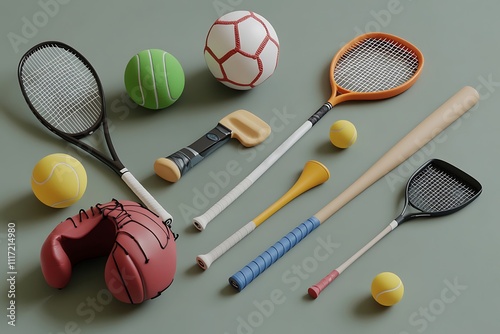 illustration. Set of sport equipment in simple design. Collection of sport inventory. Realistic flat design photo