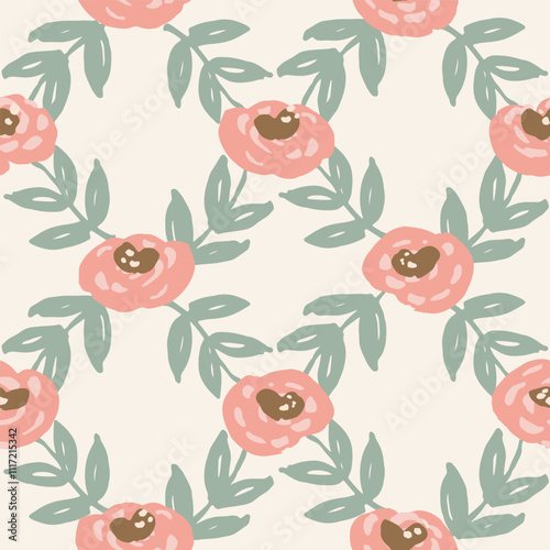 Flowers and leaves of cute round roses forming a diamond net geometrical pattern in pink, green, brown and off white colors. Cute dark floral design. A seamless vector pattern. Great for home decor.