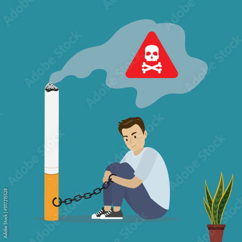 Handcuffed young adult chained to giant cigarette. Addiction to tobacco. Unhappy male character chained to nicotine. Quit smoking. No smoke, concept. Social issues.