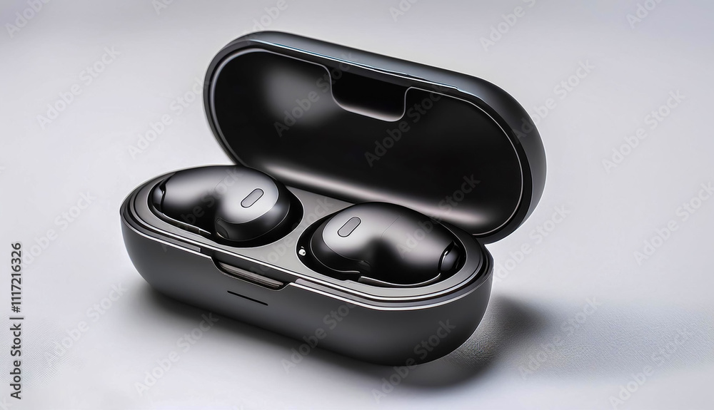 A mockup of a tech gadget, a sleek wireless earbud case with glossy finish, isolated on a white background A mockup of a tech gadget, a sleek wireless earbud case with glossy finish, isolated on a white background