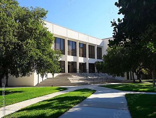 Modern White Building With Green Landscaping And Steps