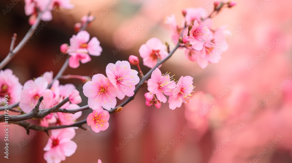 Beautiful Cherry Blossom Branch with Delicate Pink Flowers Against a Soft Blurred Background in Springtime, Symbolizing Renewal and Nature's Beauty Beautiful Cherry Blossom Branch with Delicate Pink Flowers Against a Soft Blurred Background in Springtime, Symbolizing Renewal and Nature's Beauty