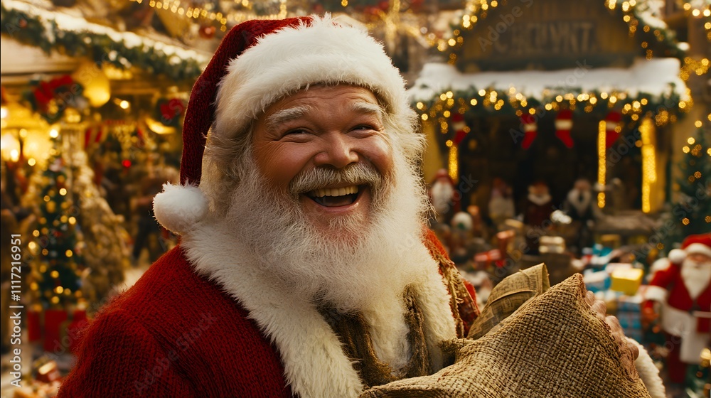 Santa Claus joyfully laughing in a Christmas market setting, holding a sack. Santa Claus joyfully laughing in a Christmas market setting, holding a sack.